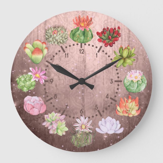 Rustic Watercolor Succulents Large Clock (Front)