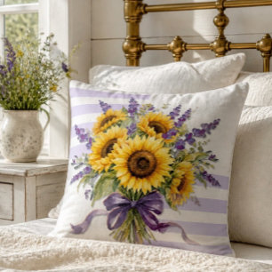 Rustic Watercolor Sunflower and Lavender Bouquet Cushion