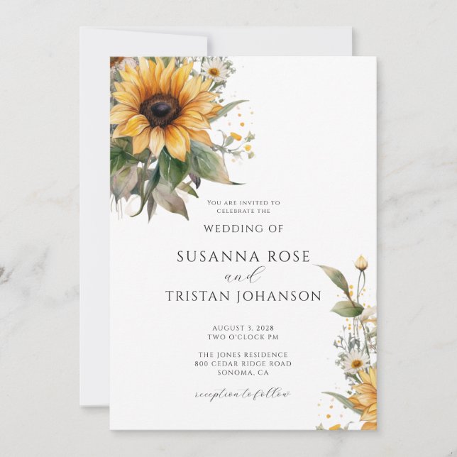 Rustic Watercolor Sunflower Floral Country Wedding Invitation (Front)