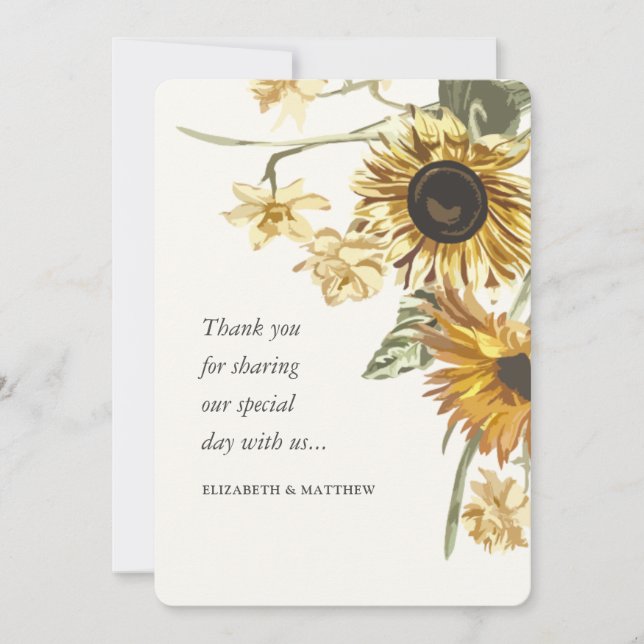 Rustic Watercolor Sunflower Floral Wedding Thank You Card (Front)