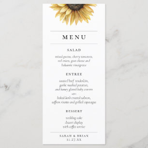 Rustic Watercolor Sunflower Modern Wedding Menu