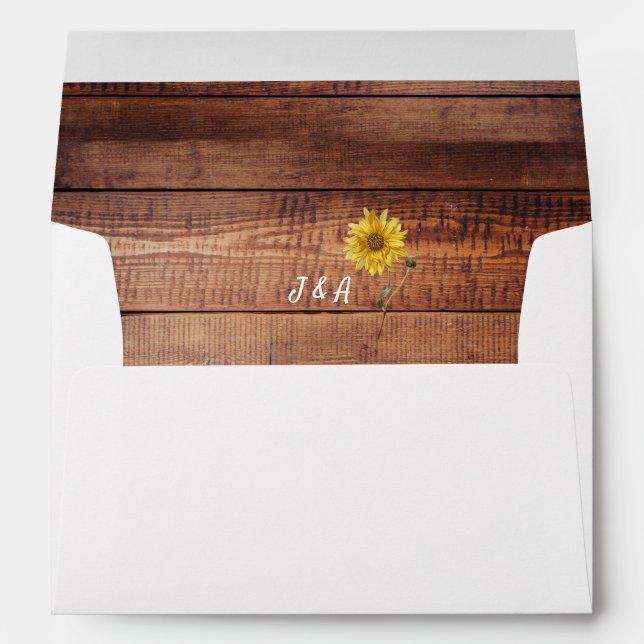 Rustic watercolor sunflower monogram wood Wedding Envelope (Back (Bottom))