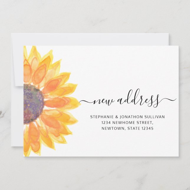 Rustic Watercolor Sunflower New Address  Announcement (Front)