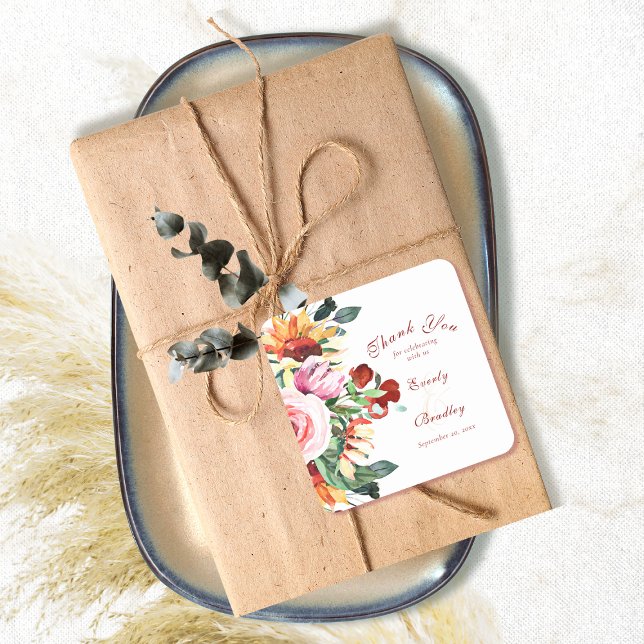 Rustic Watercolor Sunflower Wedding Thank You   Square Sticker (Creator Uploaded)