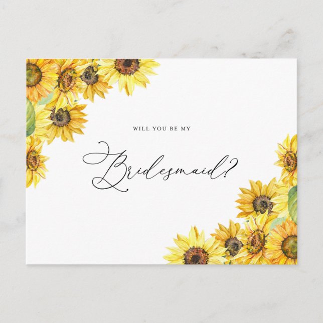 Rustic Watercolor Sunflowers Be My Bridesmaid Postcard (Front)