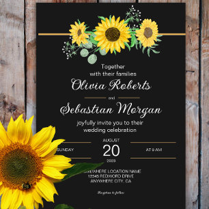 Rustic Watercolor Sunflowers Black Wedding Invitation