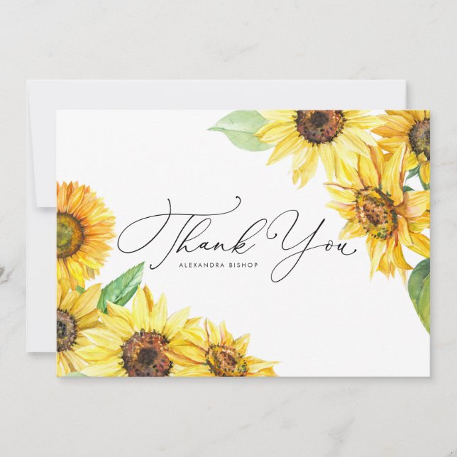 Rustic Watercolor Sunflowers Floral Wedding Thank You Card (Front)