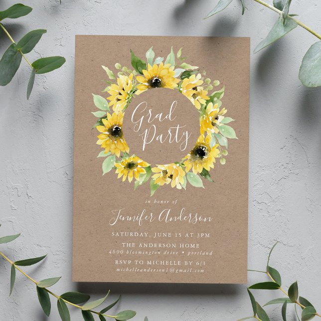 Rustic Watercolor Sunflowers Graduation Party Invitation (Creator Uploaded)