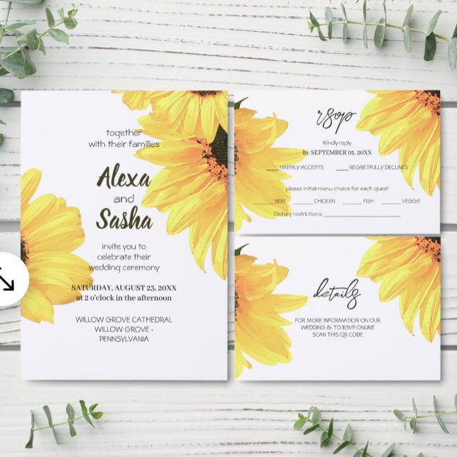 Rustic Watercolor Sunflowers Minimalist Wedding In Invitation (Creator Uploaded)
