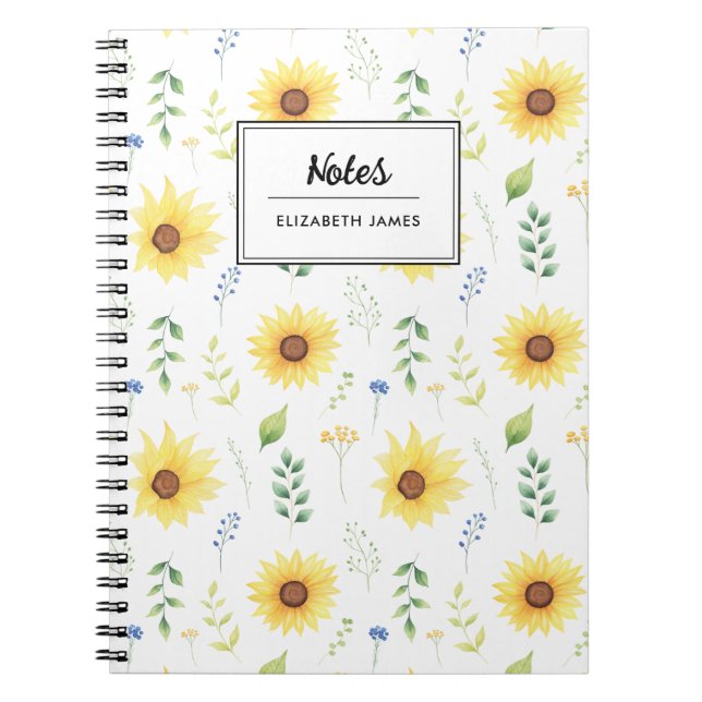 Rustic Watercolor Sunflowers Pattern Personalised Notebook (Front)