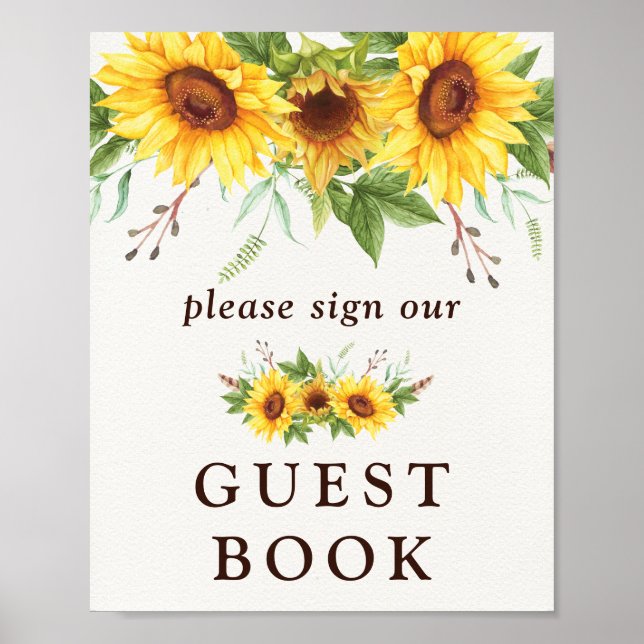 Rustic Watercolor Sunflowers Wedding Guest Book (Front)