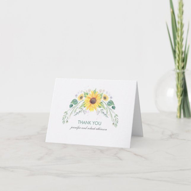 Rustic Watercolor Sunflowers Wedding Thank You Card (Front)