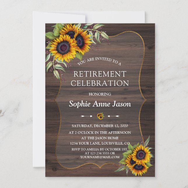 Rustic Watercolor Sunflowers Wood Retirement Party Invitation (Front)