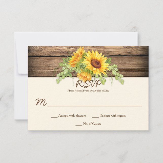 Rustic Watercolor Sunflowers Wreath Barn Wood RSVP (Front)