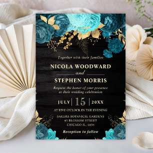 Rustic Watercolor Teal and Gold Flowers Wedding Invitation