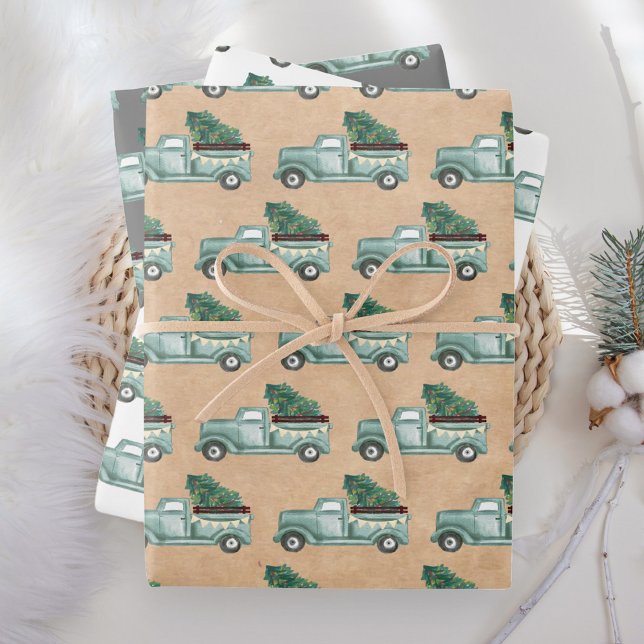 Rustic Watercolor Teal Christmas Truck Wrapping Paper Sheet (Creator Uploaded)
