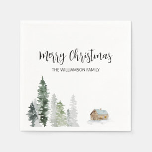 Rustic Watercolor Trees Log Cabin Merry Christmas Napkin