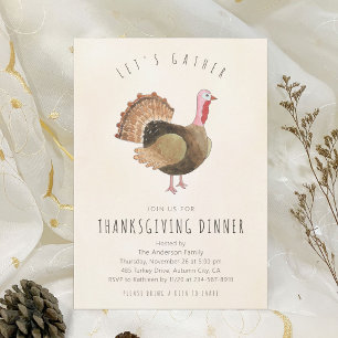 Rustic Watercolor Turkey Thanksgiving Dinner Invitation