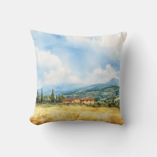 Rustic Watercolor Tuscan Mediterranean Countryside Cushion