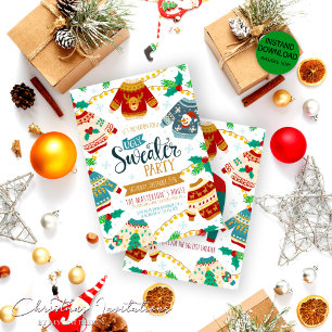 Rustic Watercolor Ugly Sweater Christmas Party Invitation