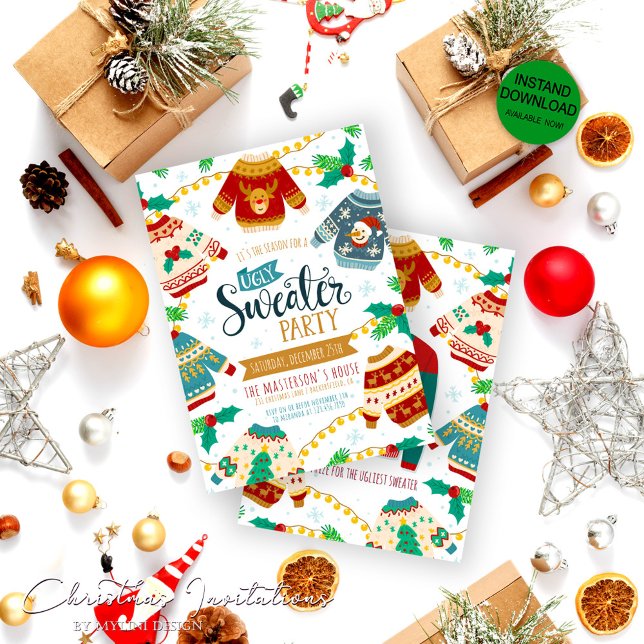 Rustic Watercolor Ugly Sweater Christmas Party Invitation (Creator Uploaded)