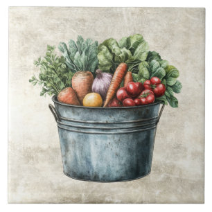 Rustic Watercolor Vegetables in Pail  Ceramic Tile