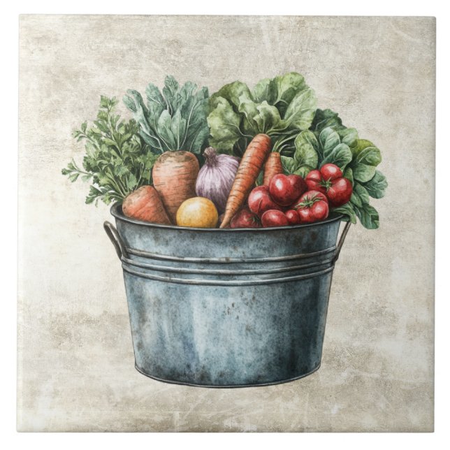 Rustic Watercolor Vegetables in Pail  Ceramic Tile (Front)