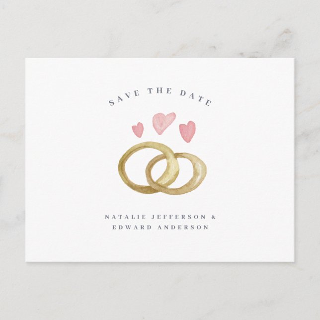 rustic watercolor wedding ring save the date postcard (Front)