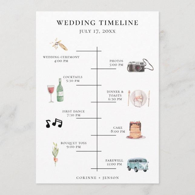 Rustic Watercolor Wedding Timeline Program (Front)