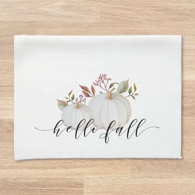 Rustic Watercolor White Pumpkins Hello Fall Tea Towel (Creator Uploaded)