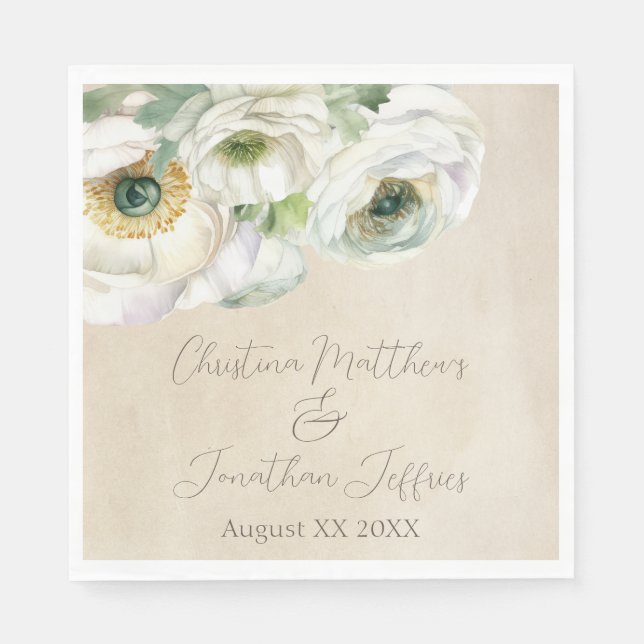Rustic Watercolor White Ranunculus Napkin (Front)