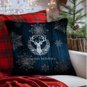 Rustic Watercolor White Reindeer Blue Cushion