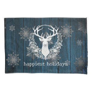 Rustic Watercolor White Reindeer   Blue Pillowcase