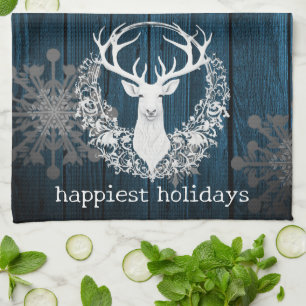 Rustic Watercolor White Reindeer   Blue Tea Towel