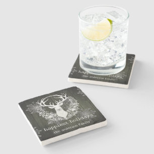 Rustic Watercolor White Reindeer   Green Stone Coaster