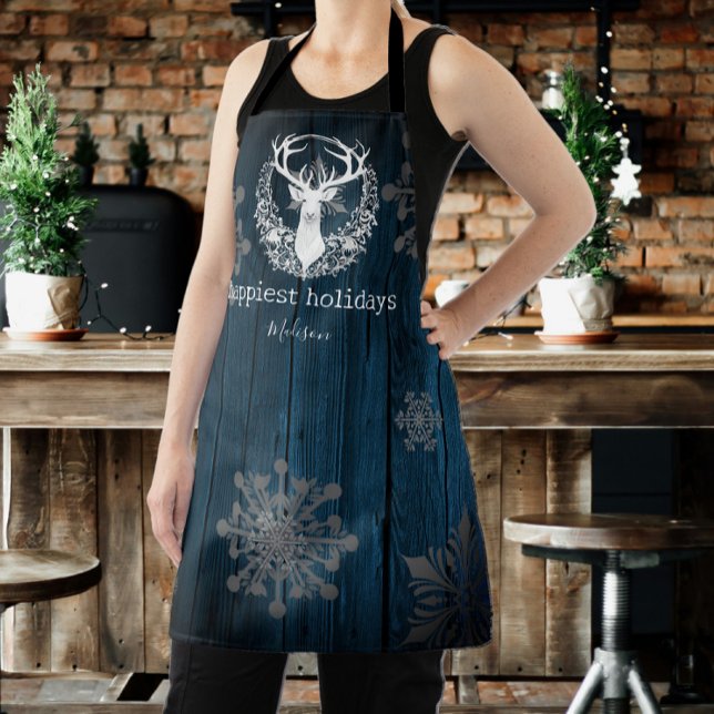 Rustic Watercolor White Reindeer Personalise Blue Apron (Blue Rustic Watercolor White Reindeer Personalized Apron)