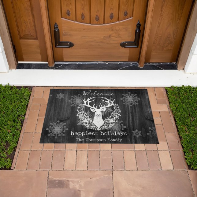Rustic Watercolor White Reindeer Personalised Doormat (Outdoor)