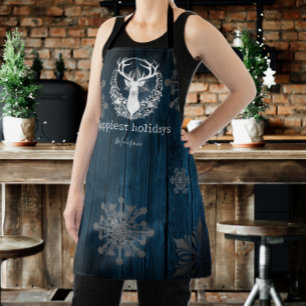 Rustic Watercolor White Reindeer Personalize Blue Apron