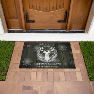 Rustic Watercolor White Reindeer Personalize Green Doormat
