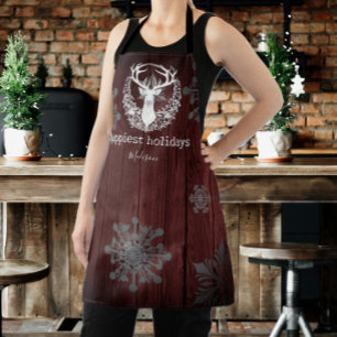 Rustic Watercolor White Reindeer Personalized Red Apron