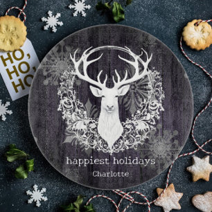 Rustic Watercolor White Reindeer Purple Cutting Board