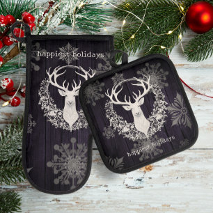 Rustic Watercolor White Reindeer   Purple Oven Mitt & Pot Holder Set