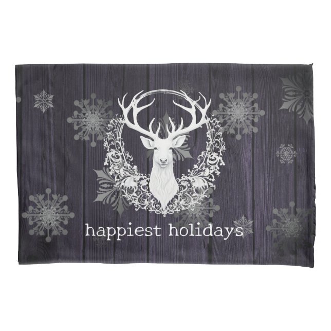 Rustic Watercolor White Reindeer | Purple Pillowcase (Front)