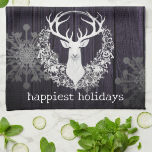 Rustic Watercolor White Reindeer   Purple Tea Towel