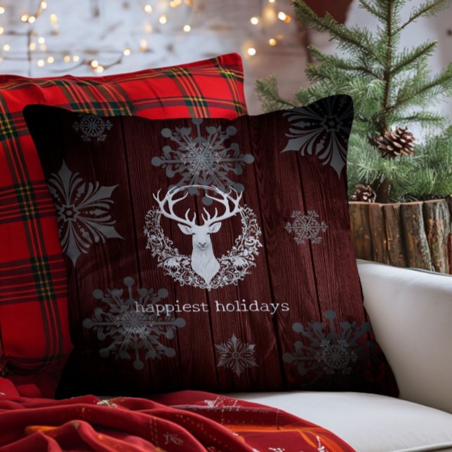 Rustic Watercolor White Reindeer | Red Cushion (Red Rustic Watercolor White Reindeer Throw Pillow)