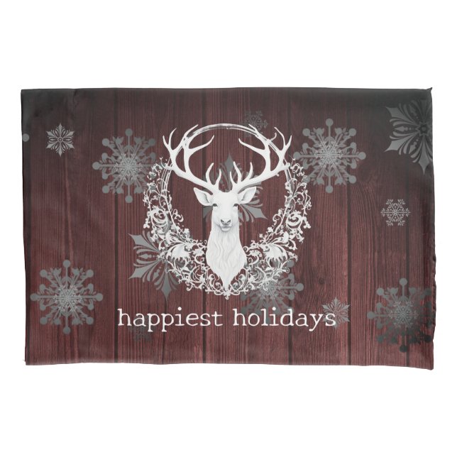 Rustic Watercolor White Reindeer | Red Pillowcase (Front)