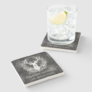 Rustic Watercolor White Reindeer Stone Coaster