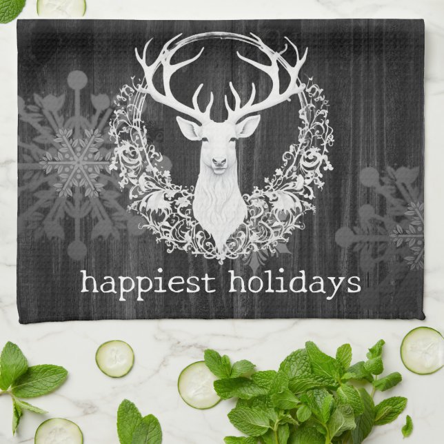 Rustic Watercolor White Reindeer Tea Towel (Folded)