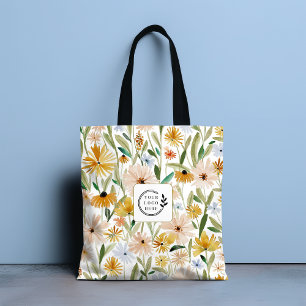 Rustic Watercolor Wild Flowers Logo QR Code Tote Bag