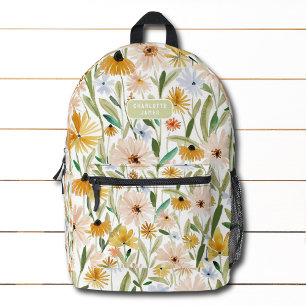 Rustic Watercolor Wild Flowers Personalised Name Printed Backpack